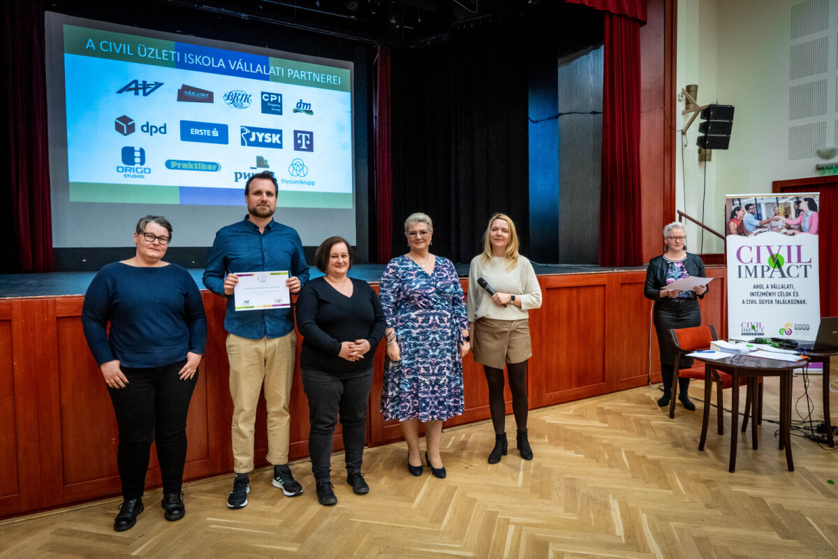 Civil Üzleti Iskolán résztvevő kollégák veszik át a programon való részvételért az oklevlet a program koordinátor és a 15. kerületi polgármestertől