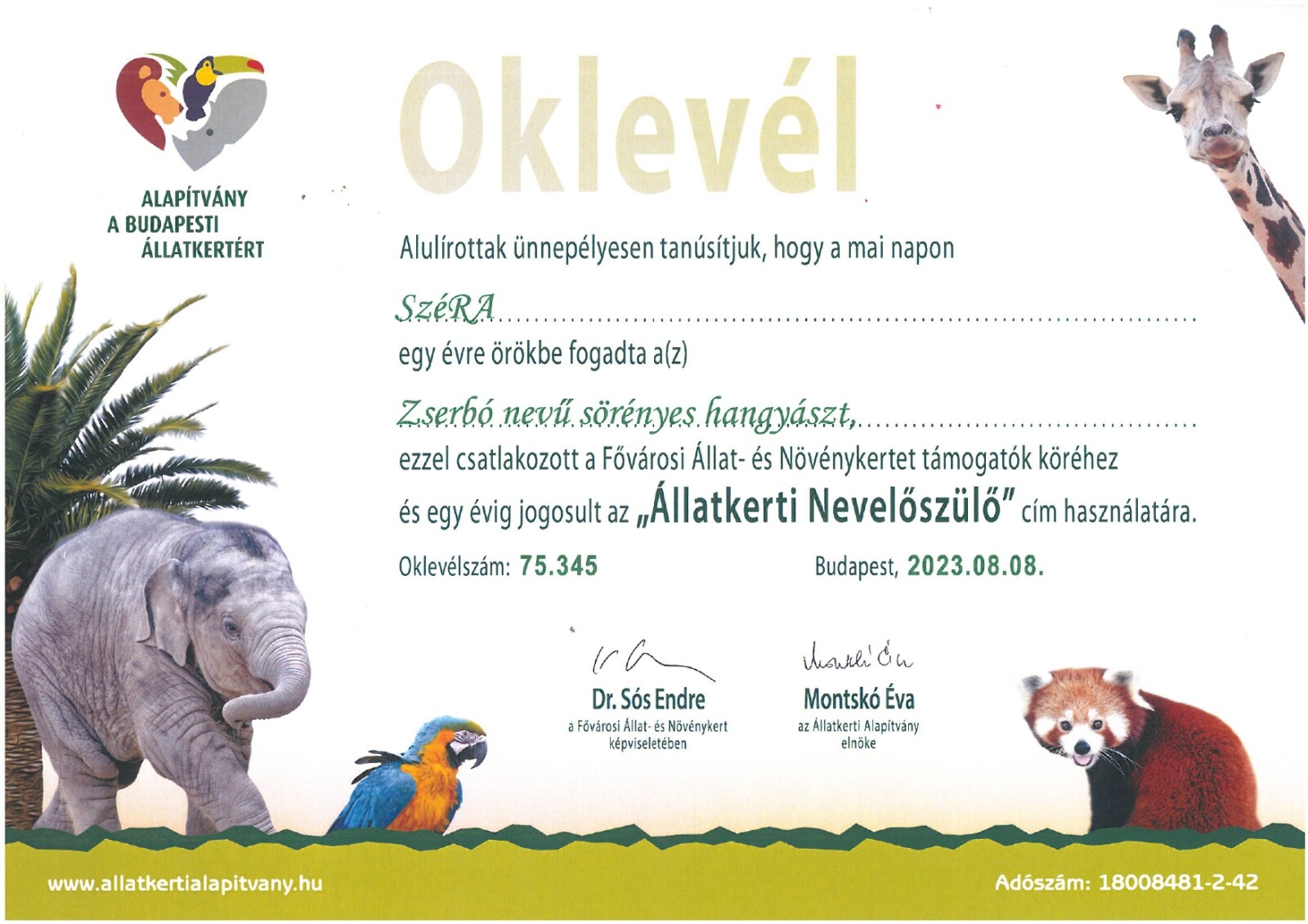 Alapítványunk számára kiállított oklevél Zserbó örökbefogadásáról